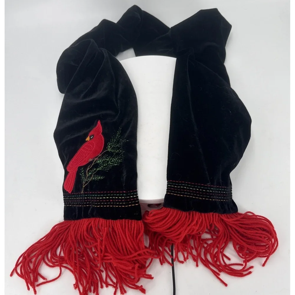 Black Velvet Embroidered Scarf W/ Cardinal Bird & Pond Branch &‎ Red Fringe